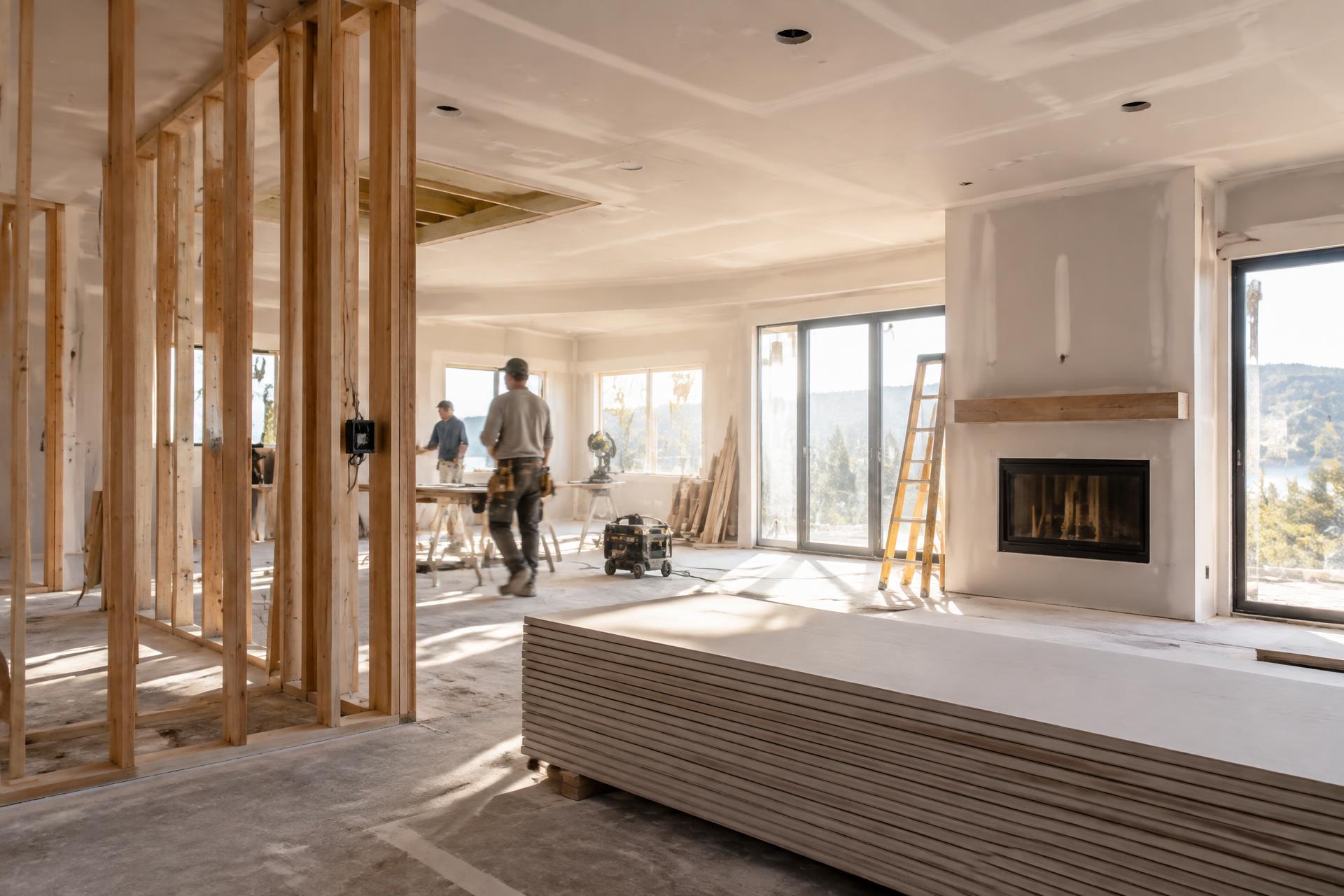 Interior of a house under construction with framing and new drywall