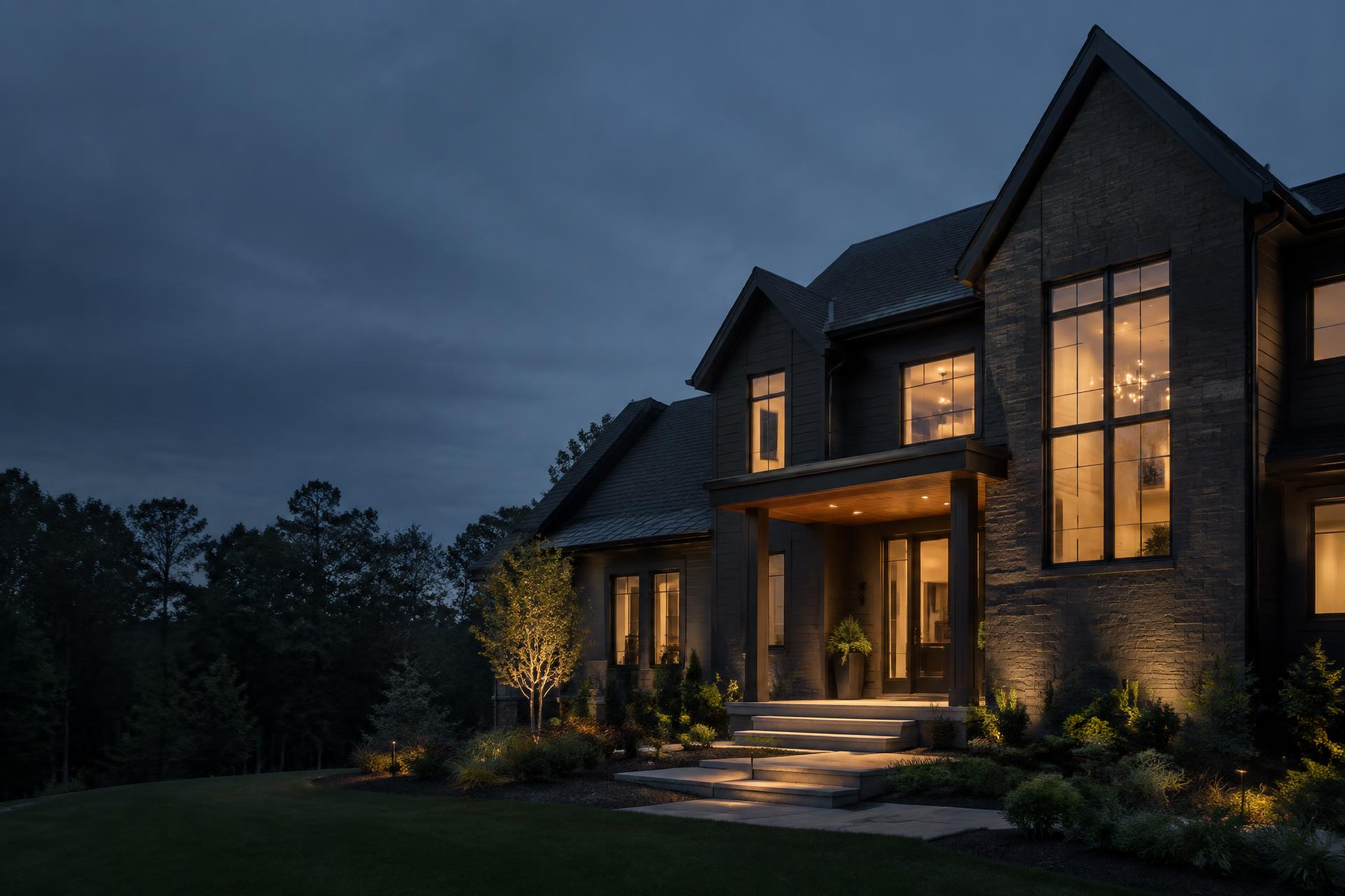Modern residential home at dusk with warm interior lighting