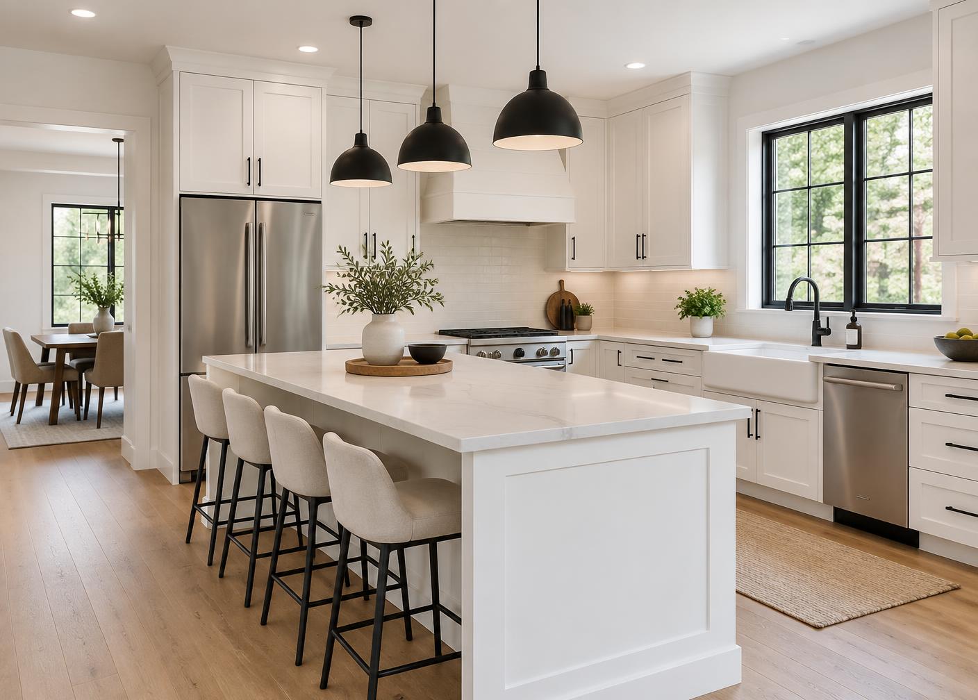 Renovated open-plan residential kitchen with island seating