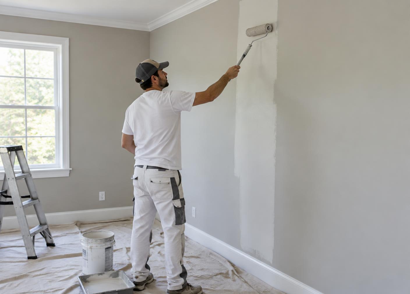 Painter rolling fresh paint onto an interior residential wall